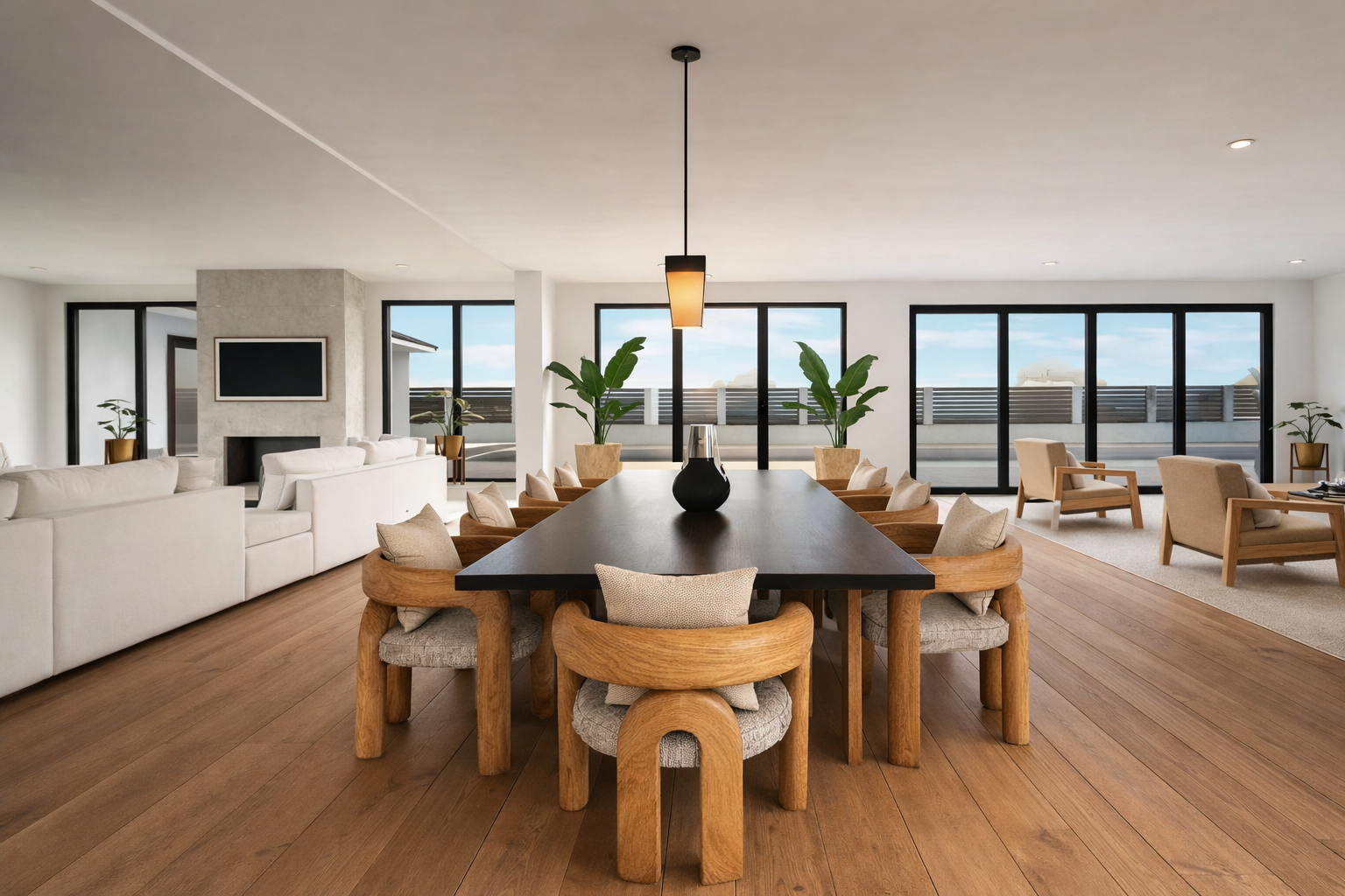 A dining table view in a warm, light-filled residential interior