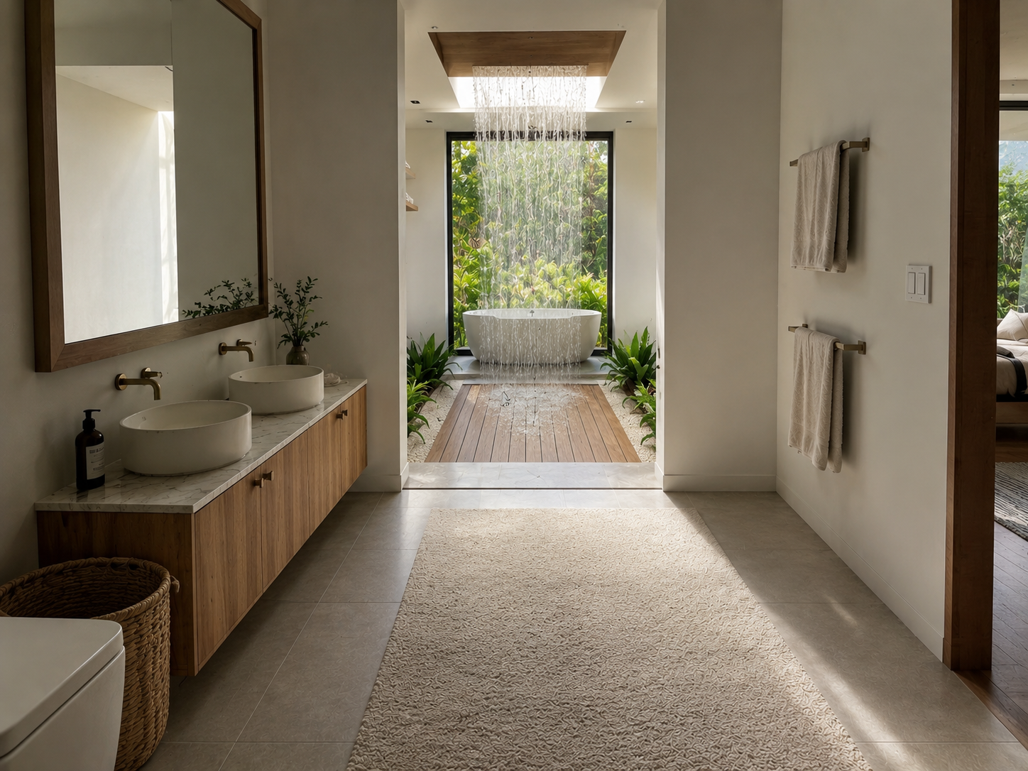 A calm bathroom oasis with warm neutral finishes