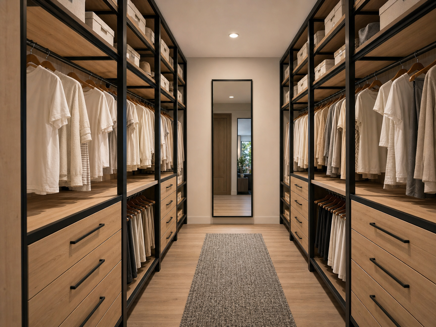 A luxury walk-in wardrobe with backlit shelving and warm wood cabinetry
