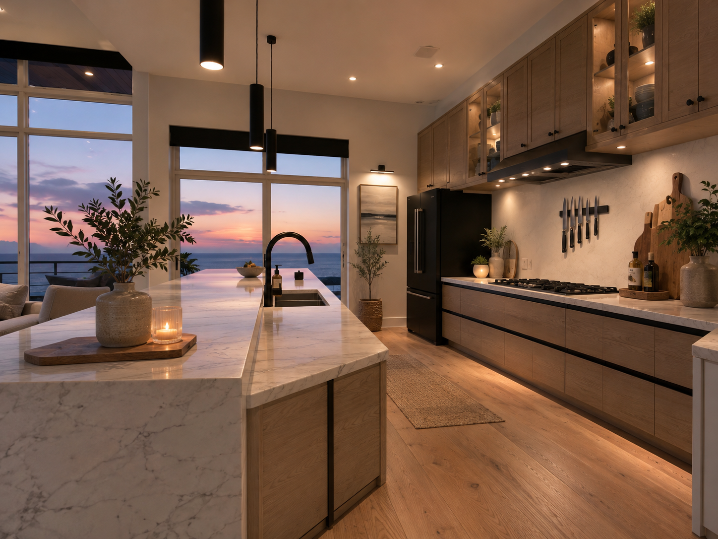 A warm open-plan kitchen with light oak cabinetry, a marble waterfall island, and floor-to-ceiling windows overlooking the ocean at dusk