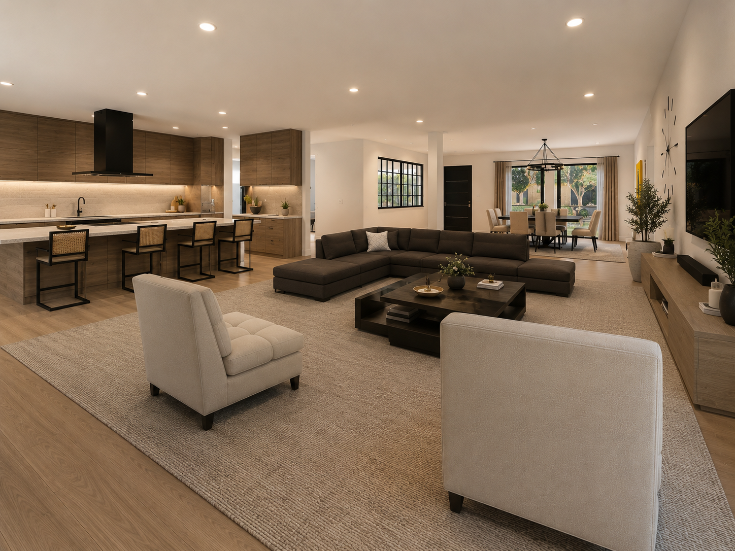 Key Largo Ranch — warm open-plan living room with light oak floors, a dark sectional, and a neutral cream and taupe palette