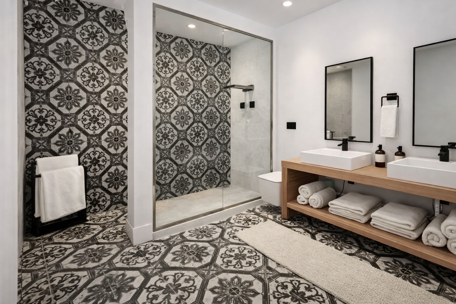A restored heritage bathroom with hand-finished surfaces and warm natural materials