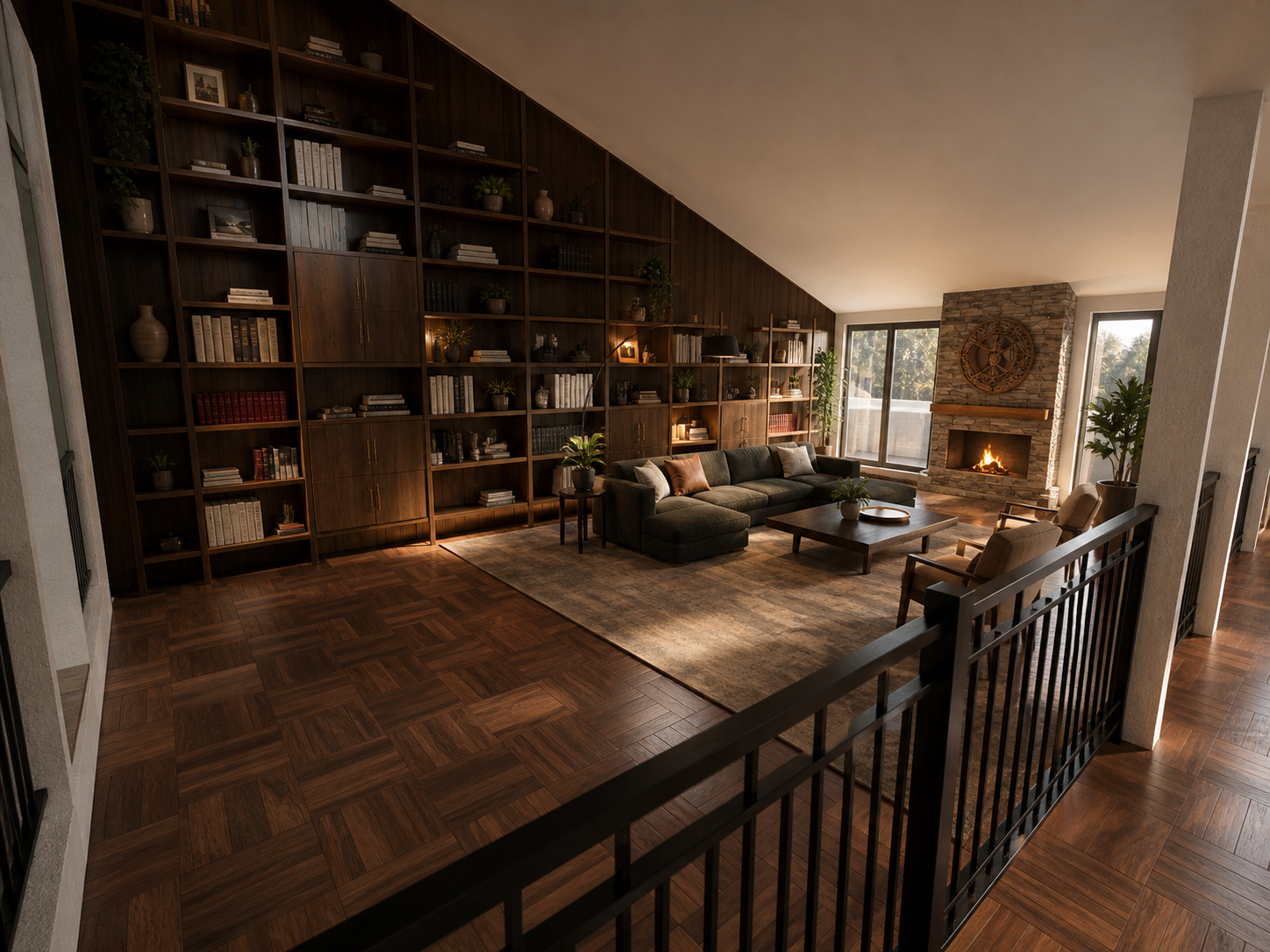 A midcentury living room with warm wood furniture and layered seating