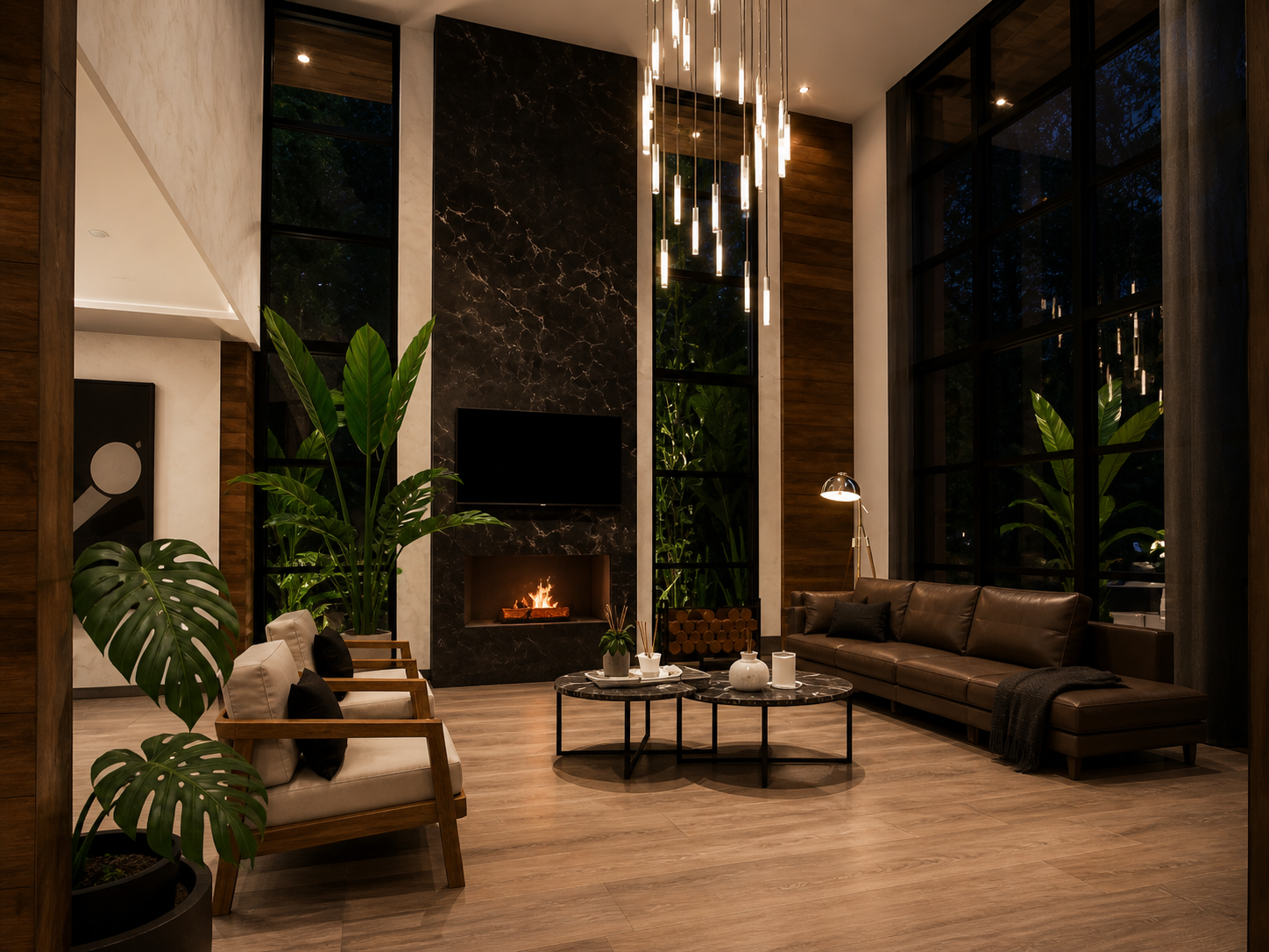 A moody living room with layered seating, warm lighting, and richly textured interior finishes