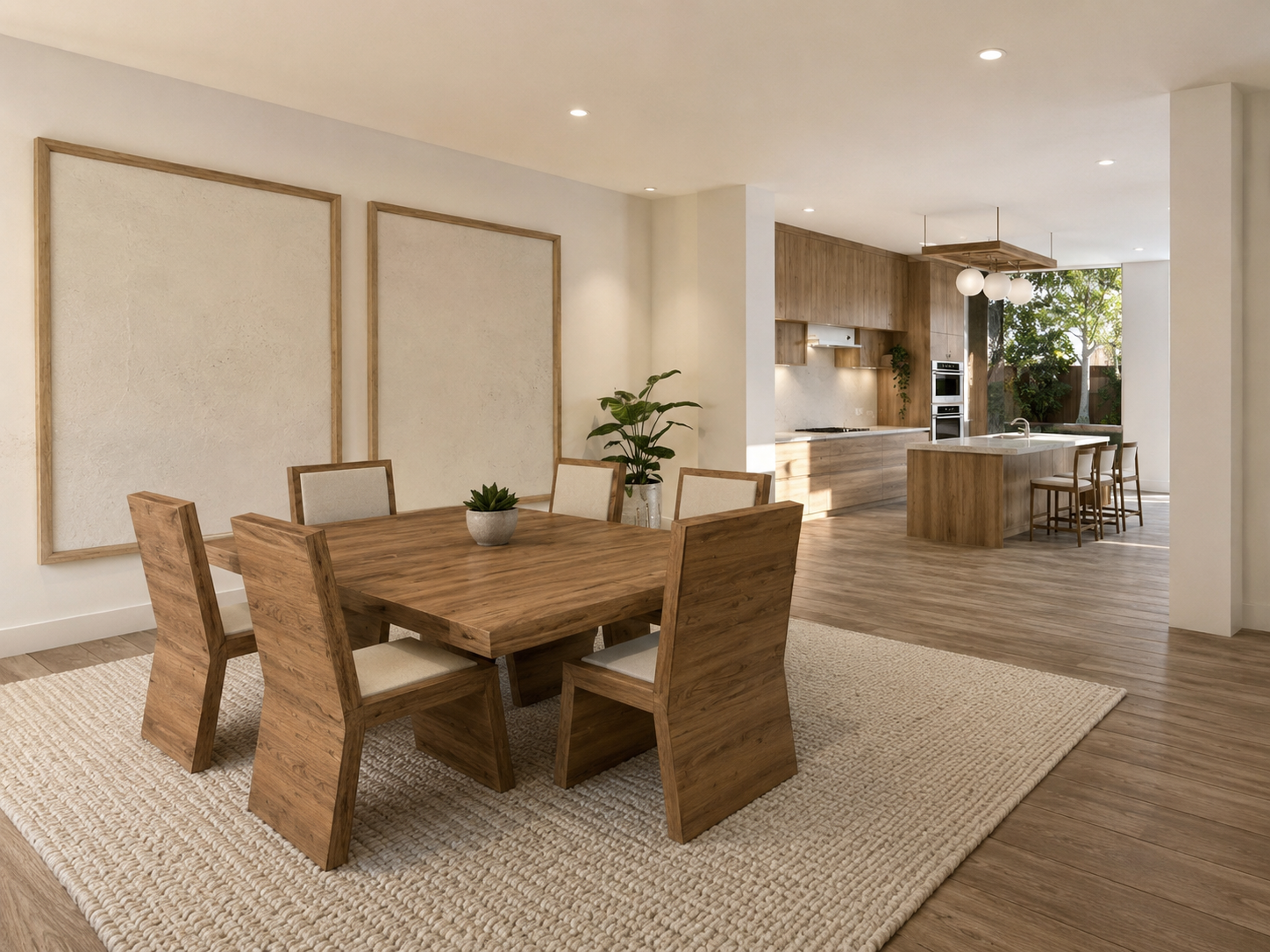 An organic dining room with a view toward the kitchen