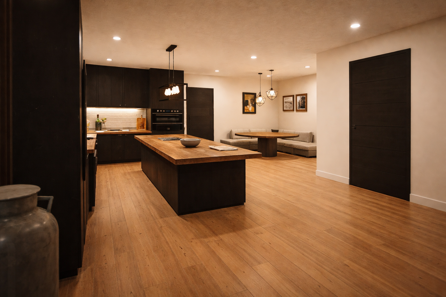 A long kitchen with light cabinetry, stone counters, and a warm dining area beyond